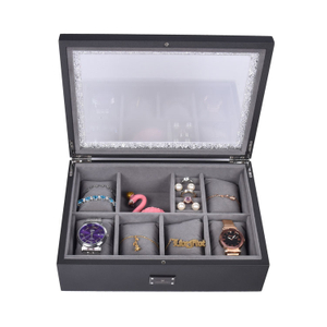 Caja de almacenamiento para exhibición de joyas y relojes, color gris con brillo perlado, 8 ranuras, con ventana acrílica