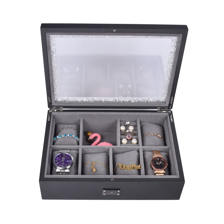 Caja de almacenamiento para exhibición de joyas y relojes, color gris con brillo perlado, 8 ranuras, con ventana acrílica