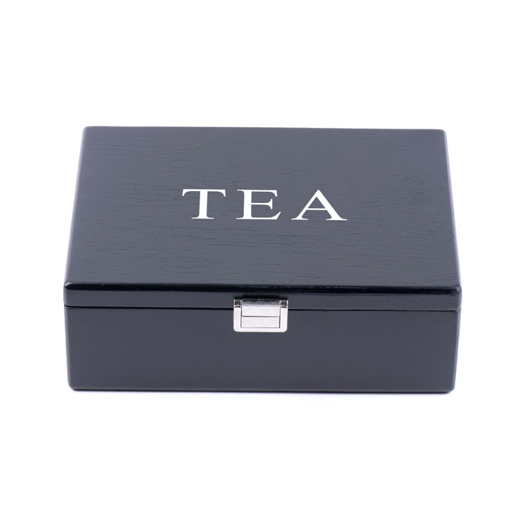 Caja de madera para té con 6 ranuras y chapa negra mate
