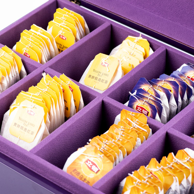 bolsitas de té moradas caja de té de madera canónica