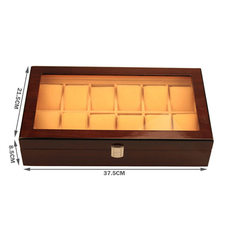 Caja de almacenamiento de madera vendedora caliente al por mayor del reloj de 12 ranuras con la tapa clara