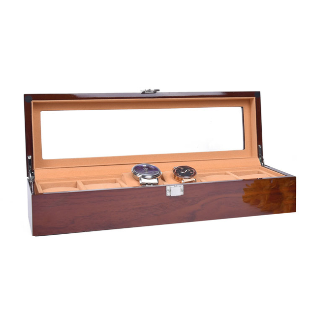 Caja de empaquetado al por mayor de la presentación del reloj de la ranura de Brown 6 con la ranura de madera de la caja de reloj de la ventana clara 6