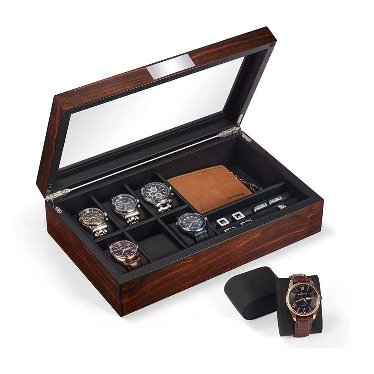 Caja de reloj de madera Caja de reloj de madera de la India Caja de reloj de madera sólida del café expreso con 12 ranuras