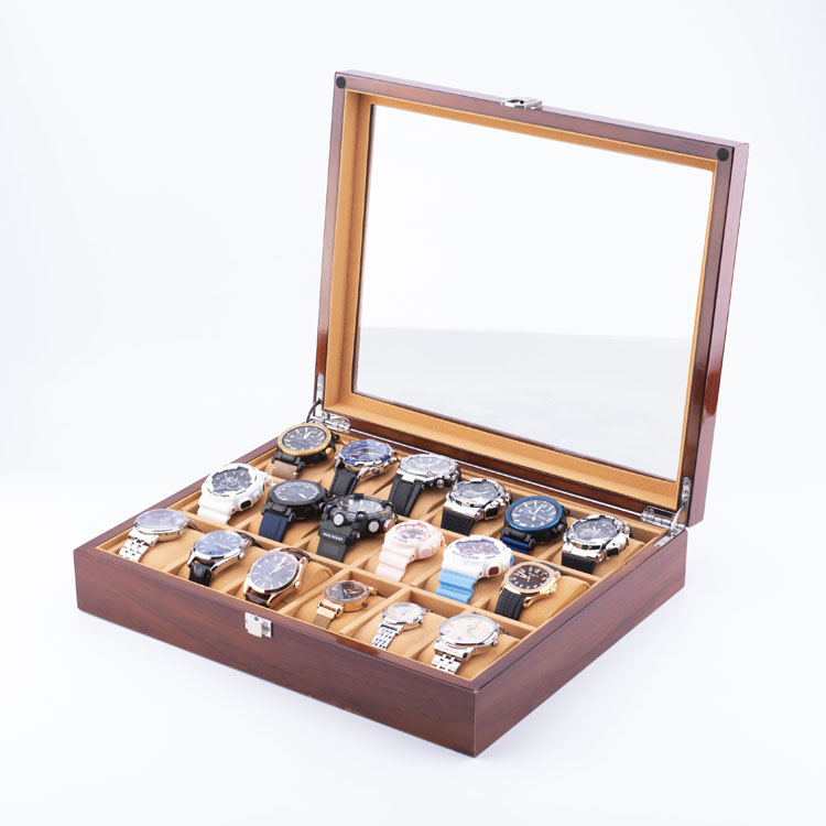 Organizador de almacenamiento de relojes de alta calidad con 18 ranuras WoodBox Factory con tapa transparente