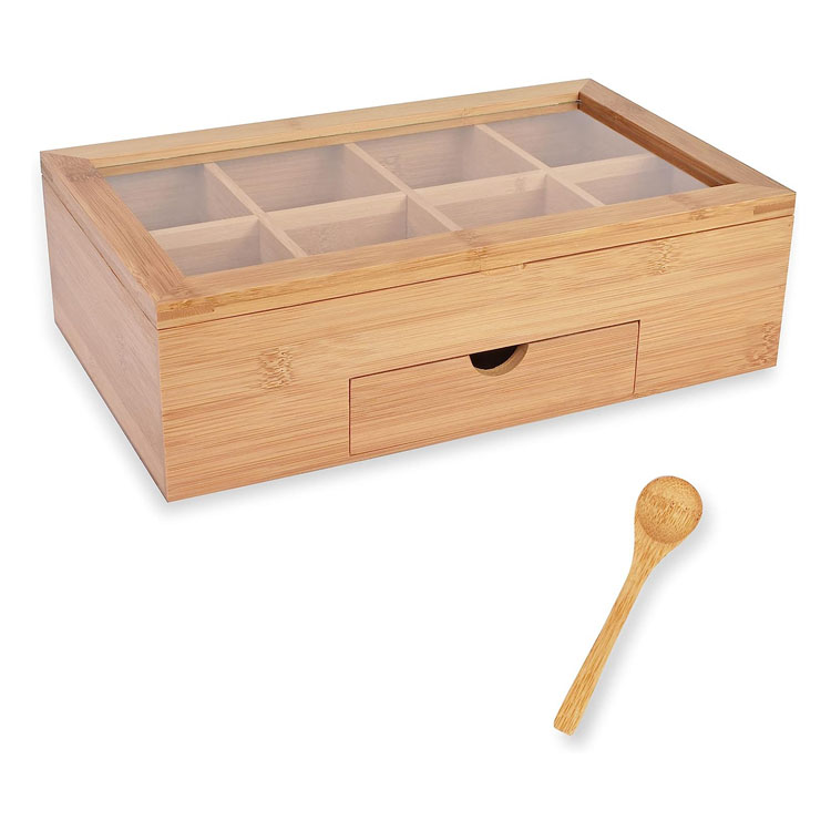 Productos Tea Box Bag Storage Soporter Organizador de bambú El contenedor de cofre de madera tiene 8 compartimentos viene con cajón completo