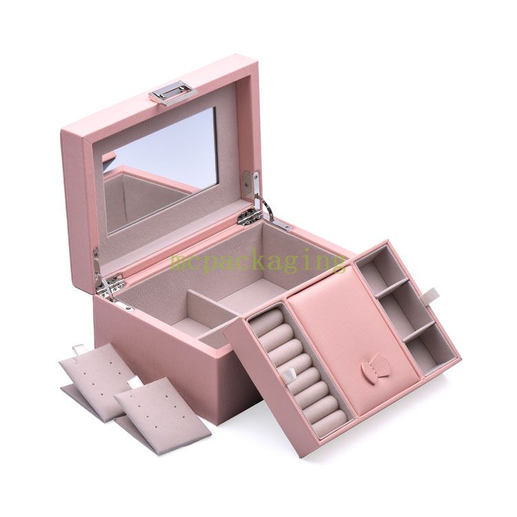 Nueva llegada de lujo Mini cuero Pu pequeño joyero de viaje organizador regalos de mujer caja de almacenamiento de joyería con logotipo personalizado con espejo